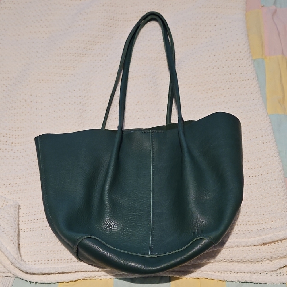 Almost Perfect Portland Leather Devan Bucket Tote Bacalar Green Large Size